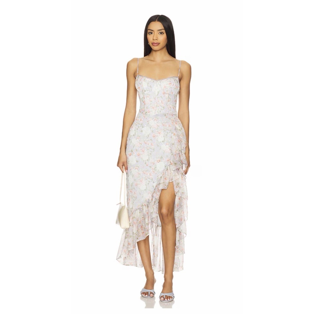 New ASTR the Label Brisbane Dress Light Blue Floral Asymmetrical Corset Ruffle L